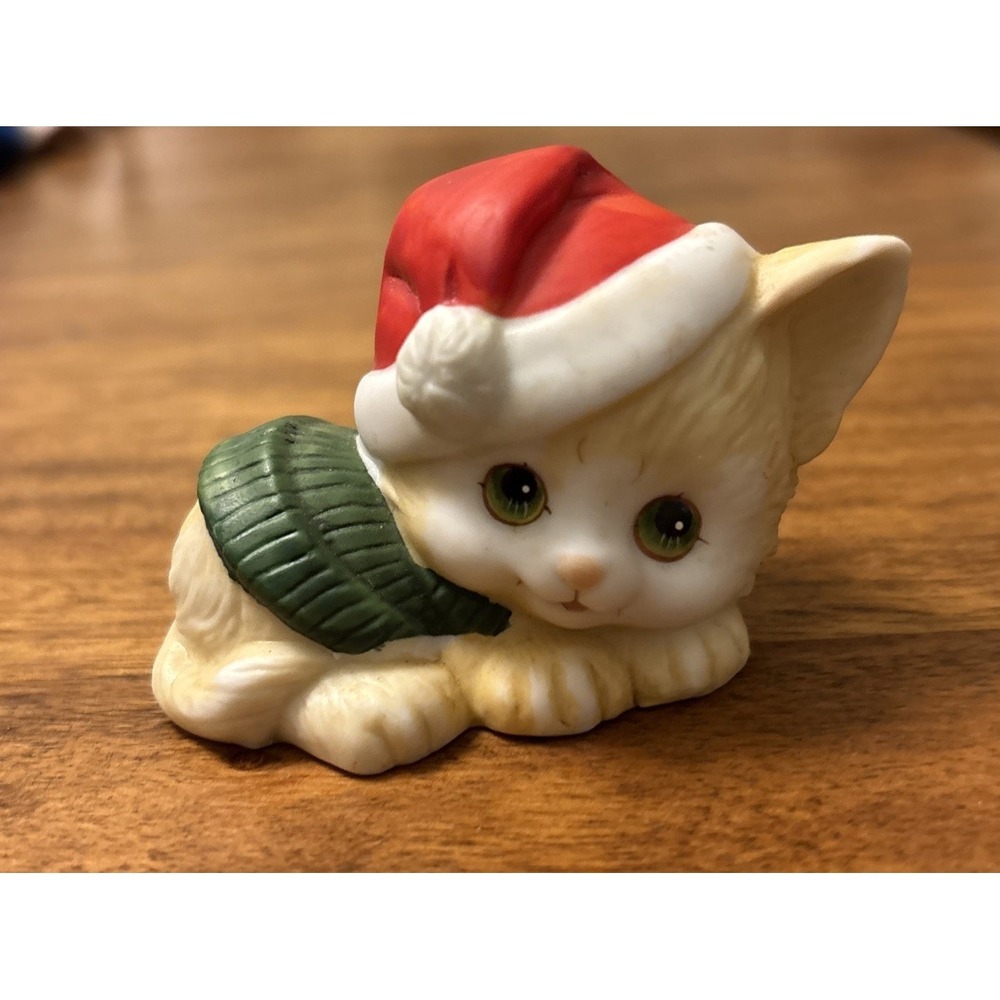 Enesco Christmas Kitten Green Eyes Santa Hat Cat Figurine